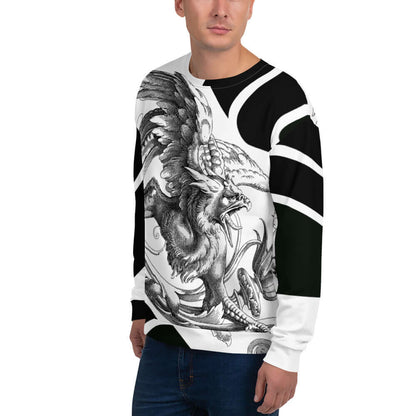 Unisex-Pullover N°22 with unique printed design featuring a griffin, crafted from polyester, cotton, and elastane for comfort and durability.