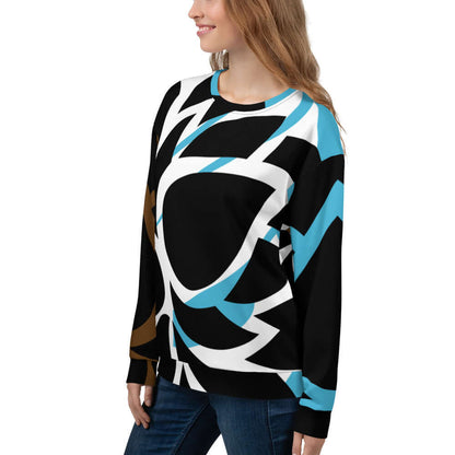 Model wearing Unisex-Pullover N°23 with unique all-over print and soft fleece, front view