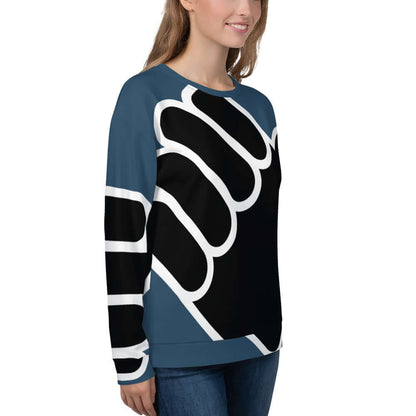 Unisex-Pullover N°6 with bold black and white graphic design and blue background for a stylish look.