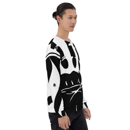 Unisex-Pullover N°8 modeled side view, showcasing unique black and white full-print design.