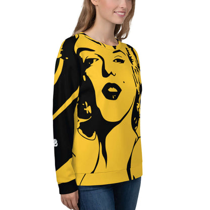 Unisex-Pullover N°10, komplett bedruckt mit gelbem Design, zeigt robustes Material und einzigartiges Aussehen, ideal für jeden Anlass.