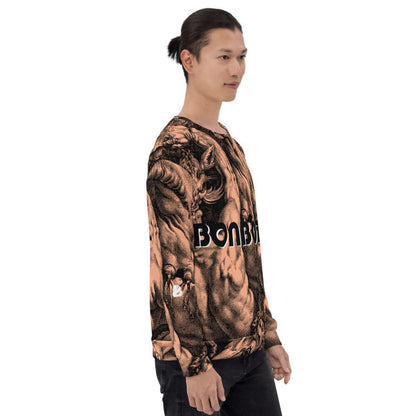 Model wearing Unisex-Pullover N°17 with intricate all-over print and comfortable cotton-feel fabric.