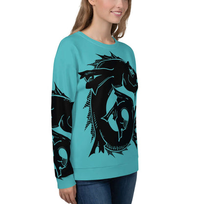 Woman wearing Unisex-Pullover N°25 with unique, intricate design and soft fleece lining, highlighting comfort and style.