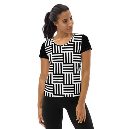 Allover-Sport-T-Shirt für Damen N°2, schwarz-weißes Design, feuchtigkeitsregulierend, ideal für Sportlerinnen.
