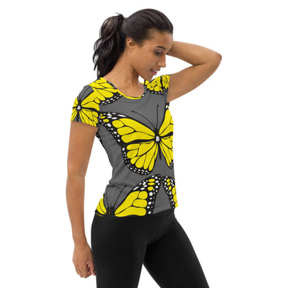 Allover-Sport-T-Shirt für Damen N°3 in yellow butterfly design, comfortable and moisture-wicking, perfect for athletic wear.