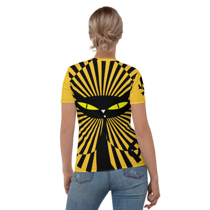 Back view of yellow Damen-T-Shirt N°4 with artistic black and yellow cat design, smooth and stretchy polyester blend fabric.