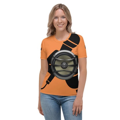 Damen-T-Shirt N°6 in orange with black and speaker graphic, showcasing smooth premium cotton-polyester jersey and four-way stretch fit.
