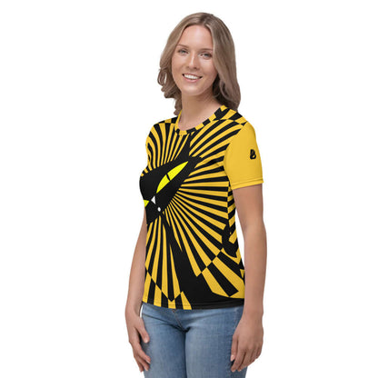 Damen-T-Shirt N°4 in vibrant yellow and black design, featuring a smooth and comfortable fabric with four-way stretch.