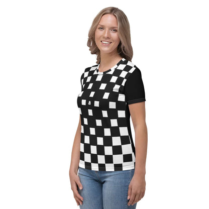 Damen-T-Shirt N°10 in black and white checkered pattern, featuring a smooth and comfortable fit, perfect for casual wear.