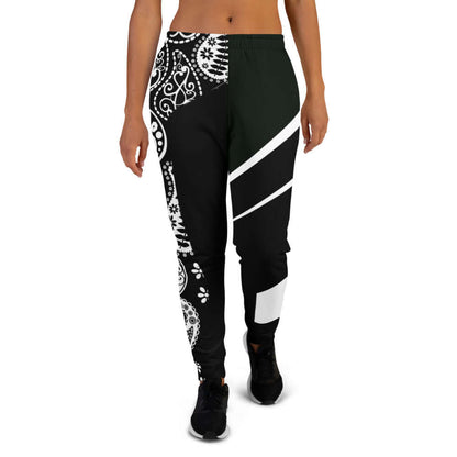 Damen-Jogginghose N°0 mit farbenfrohem Muster, hergestellt aus Baumwollmischung, eng anliegend mit Bündchen und gebürstetem Fleece.