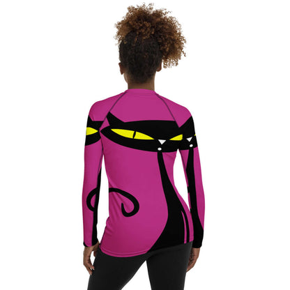 Damen-Rash-Guard N°1 in pink with cat design, long sleeves, UV protection, ergonomic seams for sports activities.