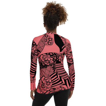 Back view of a person wearing Damen-Rash-Guard N°2, showing long-sleeve design and vibrant pattern with comfortable fit, ideal for sports.