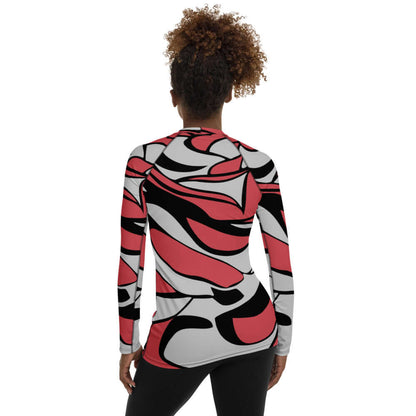Woman wearing Damen-Rash-Guard N°4, long-sleeve design with vibrant abstract pattern, back view