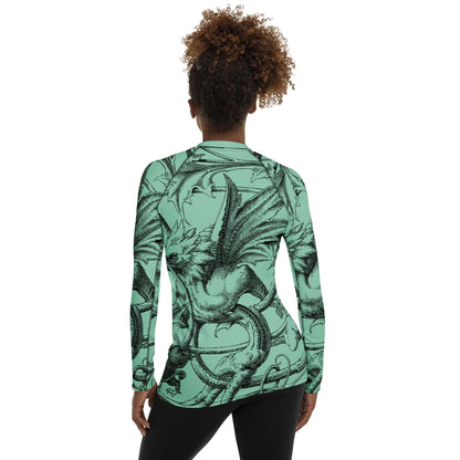 Damen-Rash-Guard N°9 in green with dragon print, featuring long sleeves, UV protection, and ergonomic fit for sports and outdoor activities.