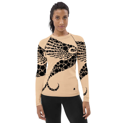 Damen-Rash-Guard N°6 in beige with black pattern, offering UV protection and comfort for active sports.