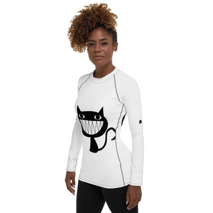 Damen-Rash-Guard N°8 with cat design, offering UV protection and ergonomic fit for sporty women.