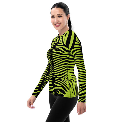 Woman wearing Damen-Rash-Guard N°10 with zebra print, long sleeves, and UV protection, suitable for active sports in varying weather.