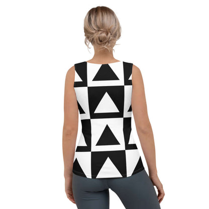 Back view of black and white geometric design on Sublimation-Cut-&-Sew-Tank-Top N°0, four-way stretch, polyester blend, hand-sewn.