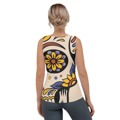 Back view of a woman wearing a colorful Sublimation-Cut-&-Sew-Tank-Top N°1 with floral and abstract patterns on a light background.