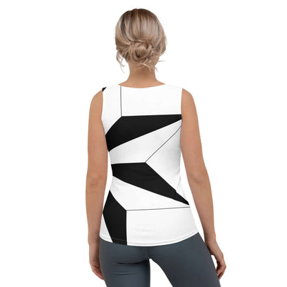 Woman wearing Sublimation-Cut-&-Sew-Tank-Top N°2, back view showcasing geometric black and white design, made from polyester and elastane.