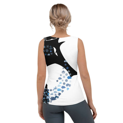 Back view of woman wearing Tank-Top N°0 with black and blue design, four-way stretch polyester and elastane, comfortable fit.