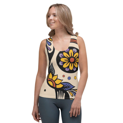Woman wearing Sublimation-Cut-&-Sew-Tank-Top N°1 with colorful floral design, polyester-elastane blend, body-hugging fit.