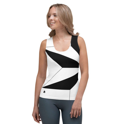 Sublimation-Cut-&-Sew-Tank-Top N°2 with black and white design, body-hugging fit, four-way stretch fabric, worn by a model.