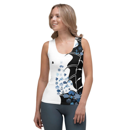 Woman wearing fitted Tank-Top N°0 with unique print design and four-way stretch for comfort, made from polyester and elastane blend.