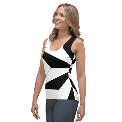 Woman wearing black and white Sublimation-Cut-&-Sew-Tank-Top N°2, showcasing comfortable design and four-way stretch fabric.