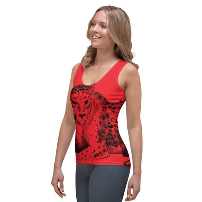 Woman wearing red Tank-Top N°1 with leopard print design, showcasing four-way stretch and comfortable fit.