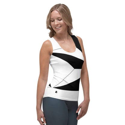 Sublimation-Cut-&-Sew-Tank-Top N°2, black and white geometric, worn by a woman, showcasing four-way stretch fabric, side view.