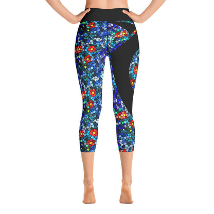 Back view of Yoga-Capri-Leggings N°0 with vibrant mosaic pattern, high elastic waistband, perfect for yoga or lounging.