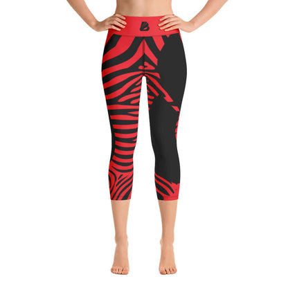Yoga-Capri-Leggings N°1 with high elastic waistband for yoga, gym, or home in red and black, soft stretchy fabric.