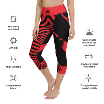 Yoga-Capri-Leggings N°1 in red and black, high-waisted, 4-way stretch, perfect for yoga or gym, features UPF 50+ and tear-away label.