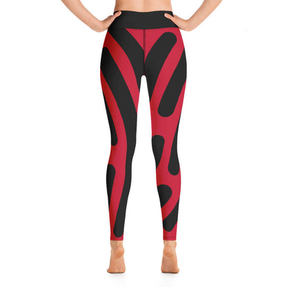 Rear view of Yoga-Leggings N°2, featuring a red and black pattern, high-waisted design, and four-way stretch fabric for comfort.