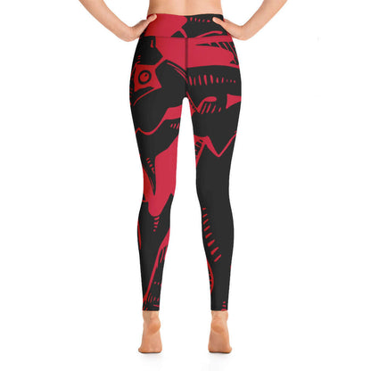 Back view of Yoga-Leggings N°6 showing red and black pattern with high waistband, four-way stretch fabric for comfortable fit.
