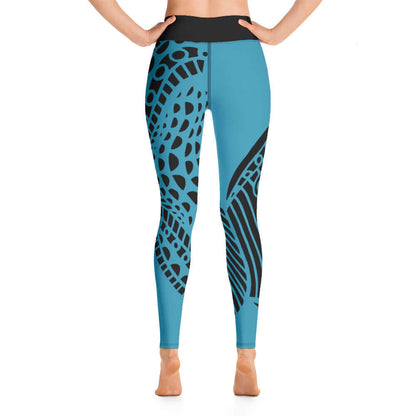 Back view of Yoga-Leggings N°9 in blue with black geometric pattern, featuring high waistband and four-way stretch fabric for comfort.