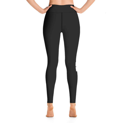 Woman wearing Yoga-Leggings N°13 in black, showing high-waisted design, stretches in all directions, made from soft and comfortable fabric.