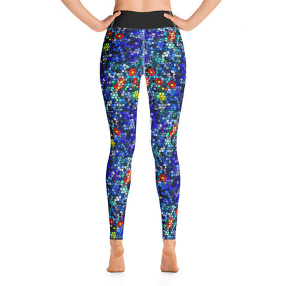 Back view of model wearing colorful, patterned Yoga-Leggings N°14, showcasing high waist and four-way stretch fabric.