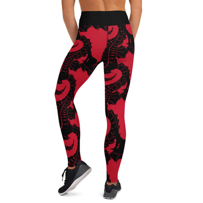 Back view of Yoga-Leggings N°23 in red and black pattern, featuring super soft, stretchy fabric and high waistband for comfort during yoga.