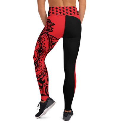 Yoga-Leggings N°30 in red and black with floral pattern, showcasing four-way stretch and high-waisted design for comfort.