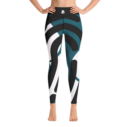 Yoga-Leggings N°3 with blue, black, and white abstract pattern, featuring a high waistband for comfort and stretch.
