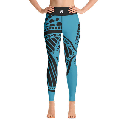 Yoga-Leggings N°9 featuring blue and black geometric pattern with high-waist design, made from stretchy microfiber for comfort.
