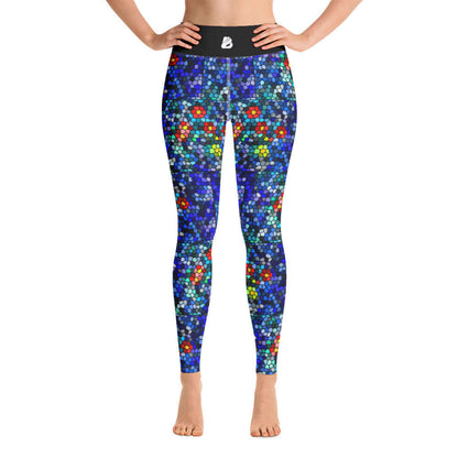 Yoga-Leggings N°14 featuring multicolor mosaic pattern, super soft stretch fabric, high waistband, and hand-sewn microfibre design.
