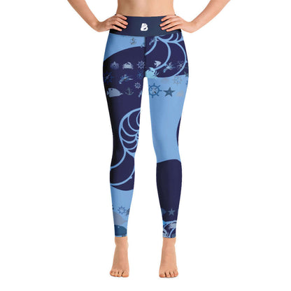 Model wearing Yoga-Leggings N°20 with blue pattern, featuring high waist, super soft four-way stretch polyester-elastane fabric.