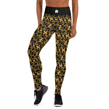 Yoga-Leggings N°22 with black and yellow abstract pattern, featuring super soft, stretchy fabric and high waistband for comfort.