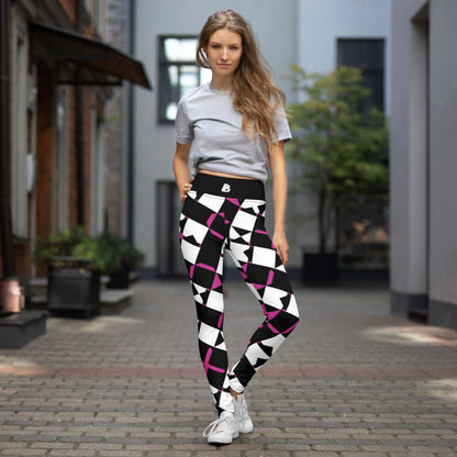 Model wearing colorful Yoga-Leggings N°24 with geometric pattern, featuring four-way stretch and smooth microfiber for comfort.