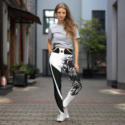 Woman wearing Yoga-Leggings N°28 with high waist, showcasing four-way stretch in urban setting.