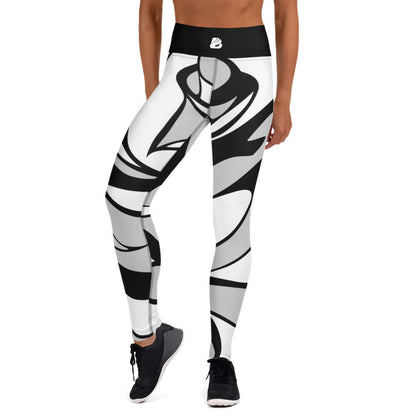 Yoga-Leggings N°38 featuring black and white abstract design with a high waist, made of stretchy microfiber fabric.