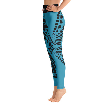 Yoga-Leggings N°9 in blue with black patterns, featuring high-waisted design, four-way stretch, and comfortable microfiber material.